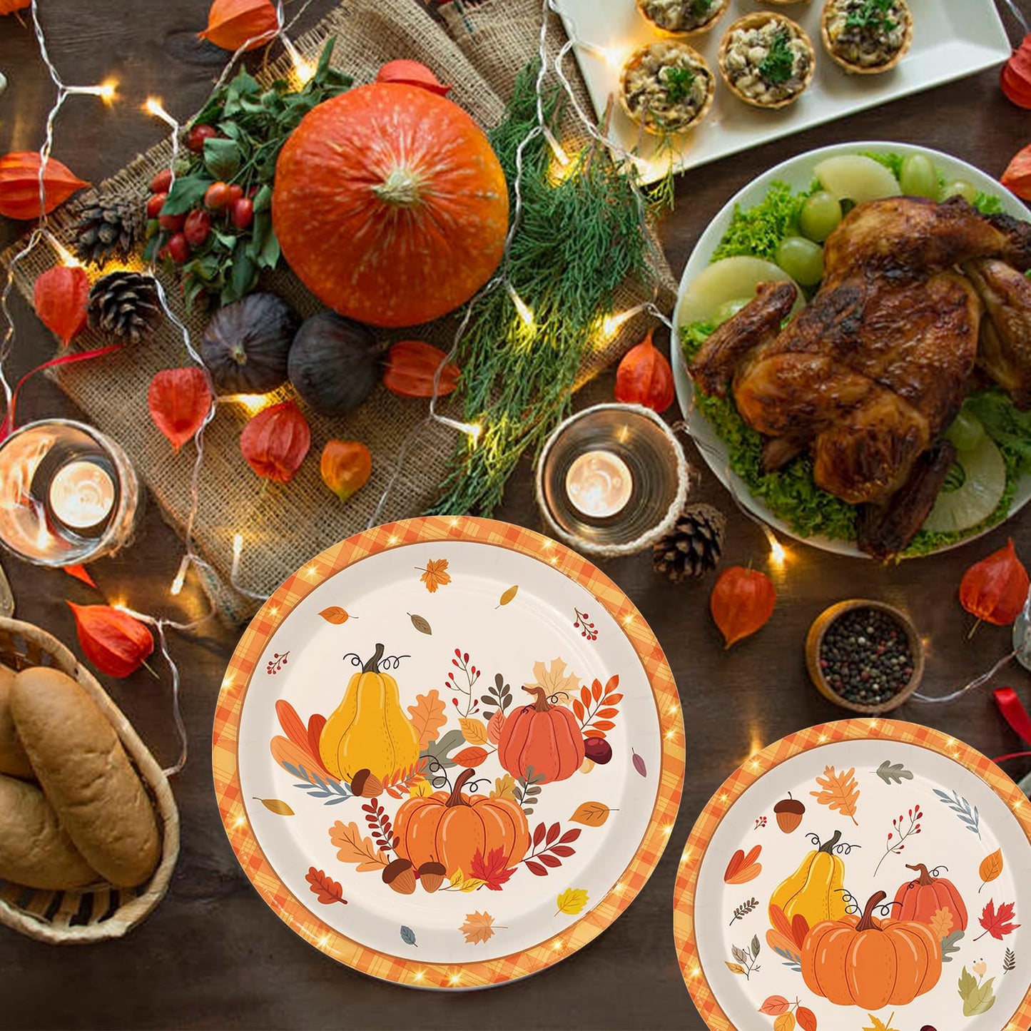 LINHAXM 168 PCS Thanksgiving Fall Party Supplies Autumn Pumpkin Tableware Set Includes Paper Plates, Napkins, Cups, Cutlery for