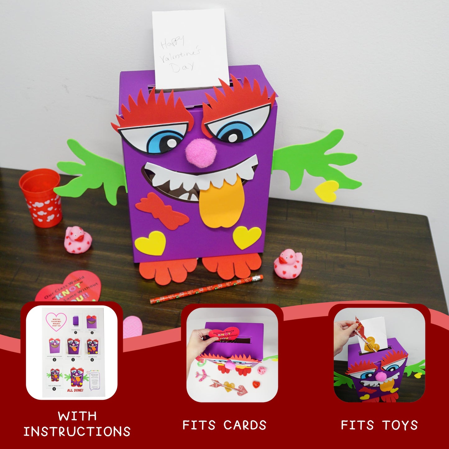 4Es Novelty DIY Monster Valentines Card Box Craft Kit - Makes 1 Valentines Day Crafts for Kids, Valentine Mailbox for Classroom