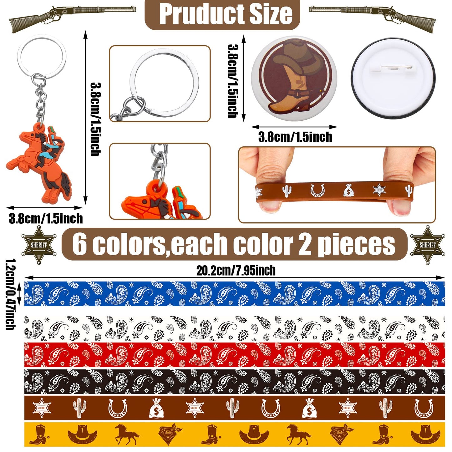 Sureio 86 Pcs Western Cowboy Party Favors Include 12 Cowboy Keychain 12 Western Cowboy Silicone Bracelets 12 Button Pins 50 Wate