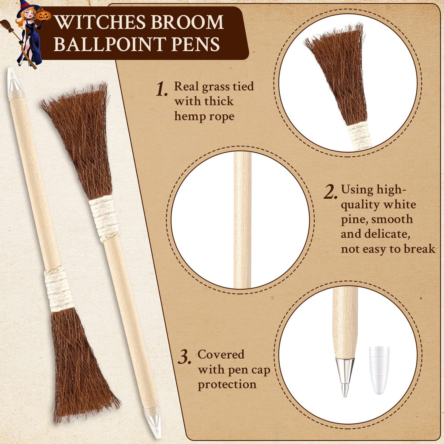 Fumete 30 Pieces Halloween Witch Broom Ballpoint Pen Bulk Halloween Party Favors Witch Wand Broomstick Ballpoint Pen with Pen Ca