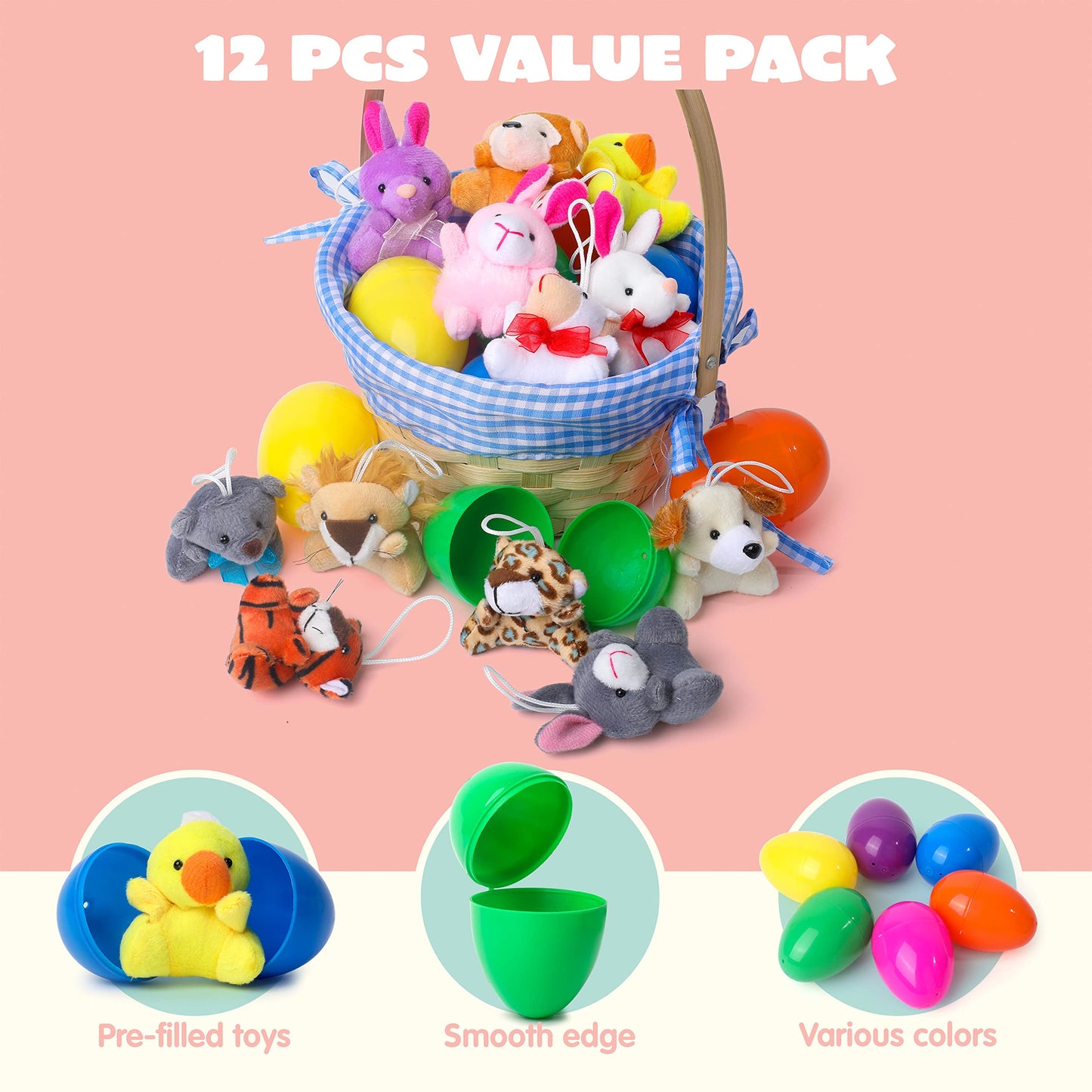 Joyin 12 Pcs Prefilled Easter Eggs Of Mini Stuffed Animal Plush Toys Basket Stuffer For Kids Easter Egg Hunt Filler And Party Fa