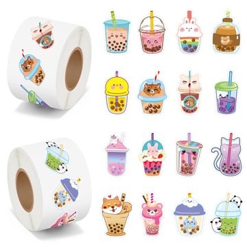 Beyumi Bubble Tea Sticker Roll - 1000Pcs Boba Stickers In 2 Rolls Waterproof Vinyl Drinks Theme Cute Kawaii Bubble Tea Decals Gift Laptop Bottle Scrapbooking Luggage Computer Envelope Decor For Kids