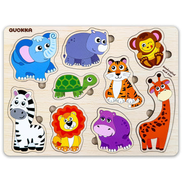 Quokka Wooden Puzzles For Toddlers 1-2 – 4 Set Pegged Puzzles For Kids Ages 1-2 – Animal Safari Learning Toy For Kids – Gift Realistic Educational Game For Boy And Girl