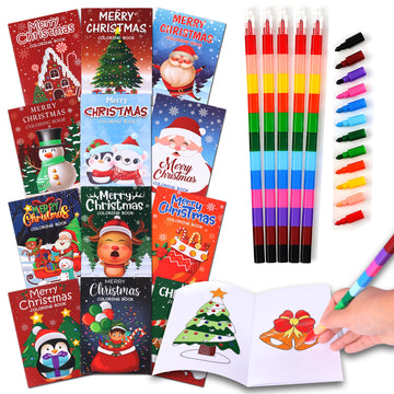 48Pcs Christmas Coloring Book for Kids with Crayons, Christmas Activity Books Mini Coloring Book Bulk DIY Art Drawing Book Set X