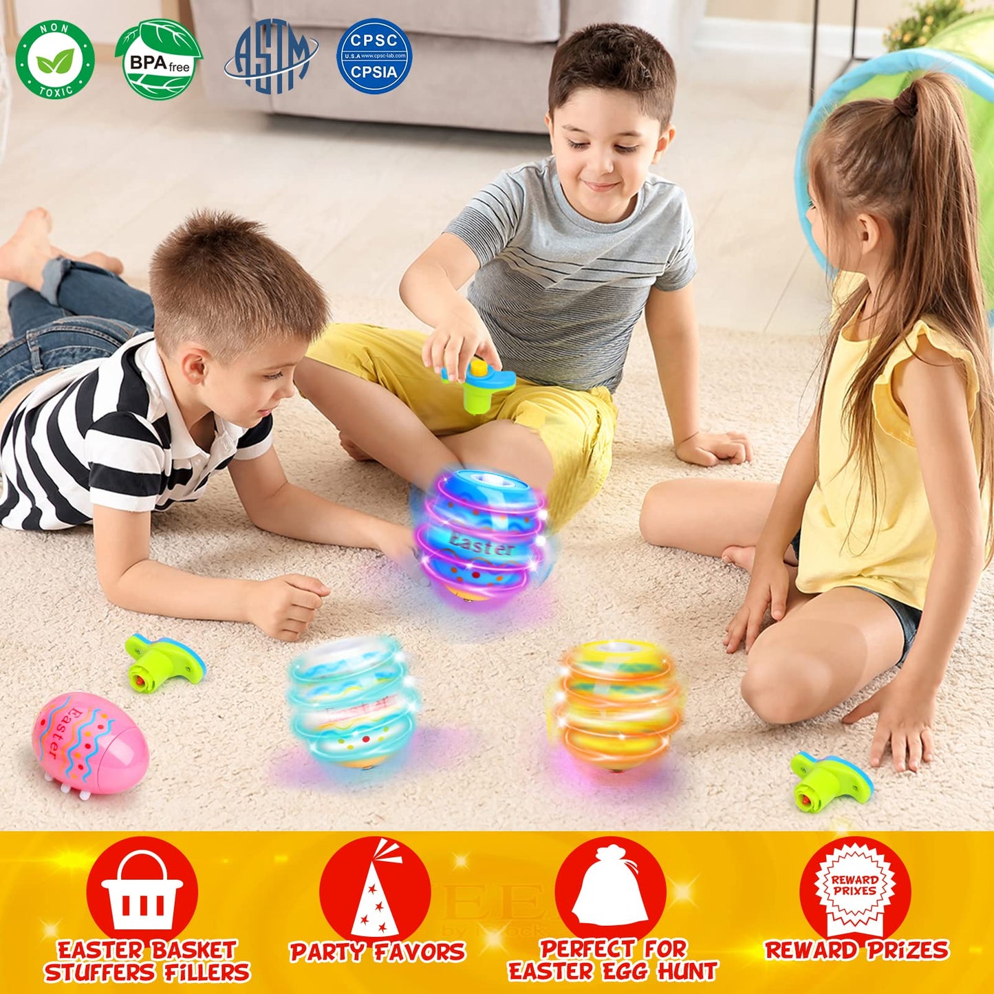 Light Up Easter Eggs Toy Gifts For Kids, 6 Easter Egg Spinning Tops With Flash & Music, Easter Basket Stuffers, Easter Eggs Hunt