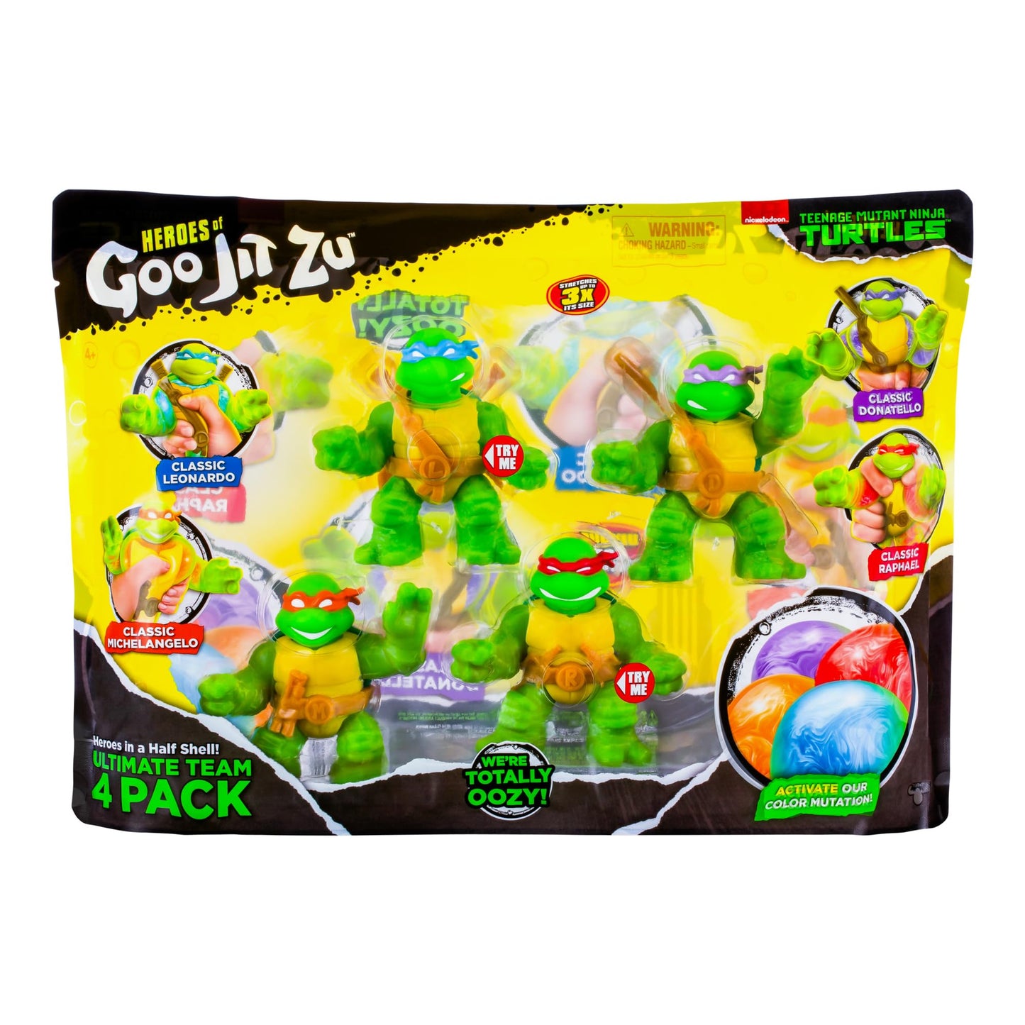 Heroes of Goo Jit Zu Super Oozy Toy Figures 4 Pack - Classic TMNT Donatello, Michelangelo, Leonardo & Raphael - Multicolor, Small, Model 42692
