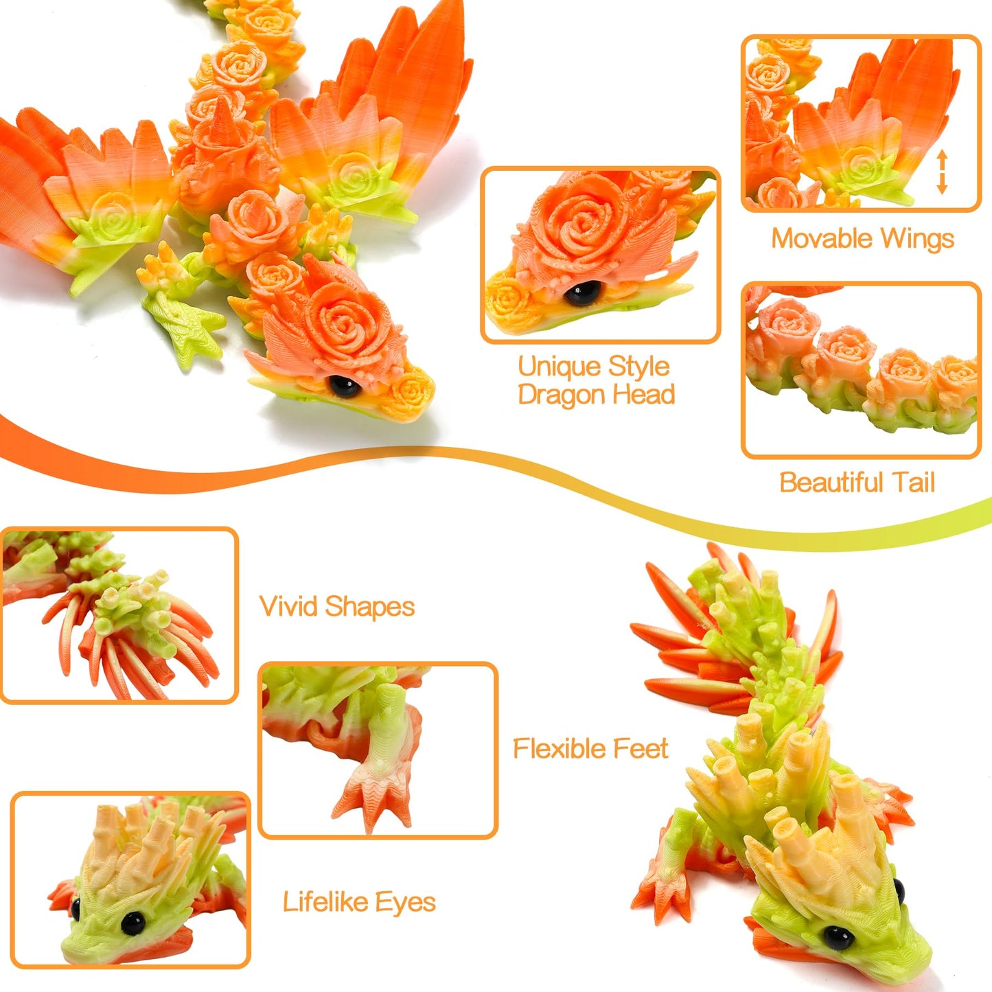 GHIAKQYT 8PCS 3D Printed Dragon Toys  Articulated Dragon Fidget Toy Flexible Desk Pets  3D Printed Animals Toys Gift for Kids mature-themed Home Office Decor
