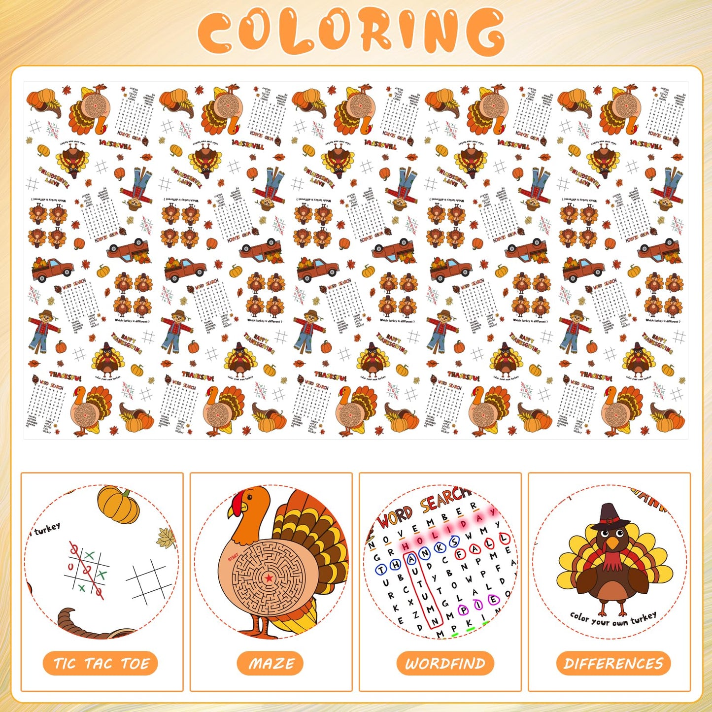 1 Pack Fall Thanksgiving Coloring Tablecloth for Kids, Disposable Thanksgiving Turkey Pumpkin Color-in Paper Table Cover, Fall T
