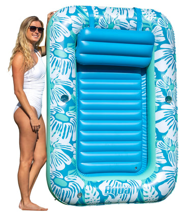 Aqua Inflatable Tanning Pool Lounger - Large (71 x 48 in) - enhanced Pool Float with Cupholders and Removeable Pillow for Relaxation and Fun  Blue Flowers Pattern