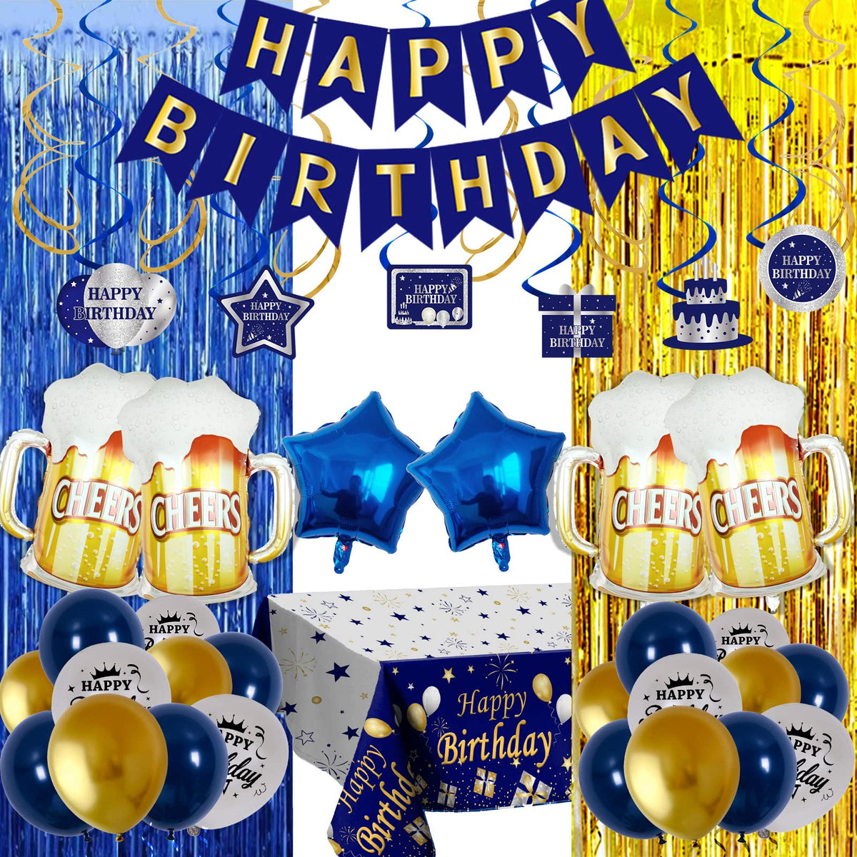Birthday Decoraitons for Men Blue and Gold, Happy Birthday Decoraitons for Women Boys Girls Birthday Banner Balloons Tablecloth 