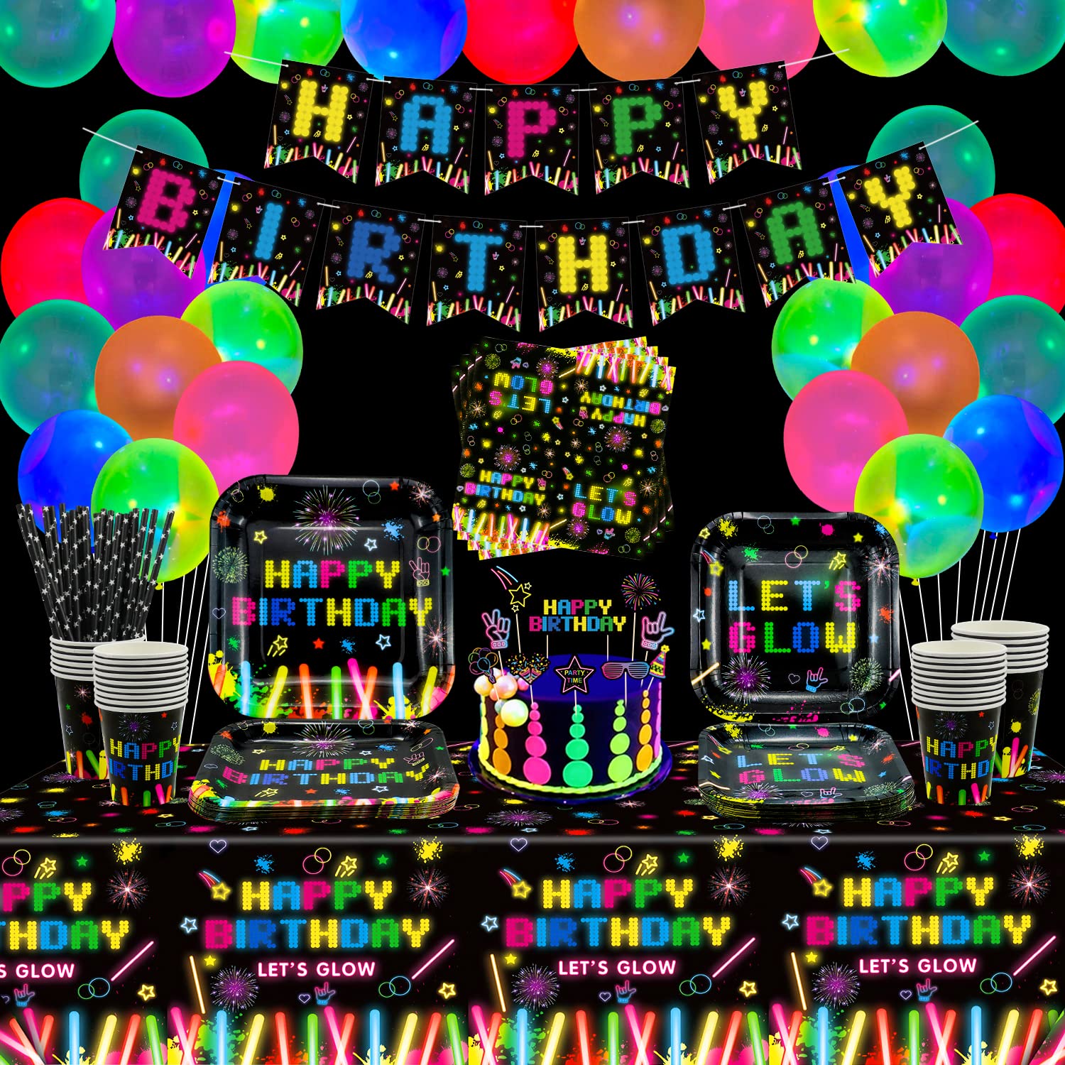 233 Pcs Glow Neon Party Supplies Neon Glow Tableware Set Neon Balloons Glow In The Dark Birthday Banner Cake Toppers For Blackli
