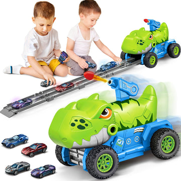 BainGesk Dinosaur Truck Toys for 2 3 4 5 6 Years Old Boys, 2.8 Ft Race Track Cars Toys with 4 Metal Cars and Catapult Turret, Bi