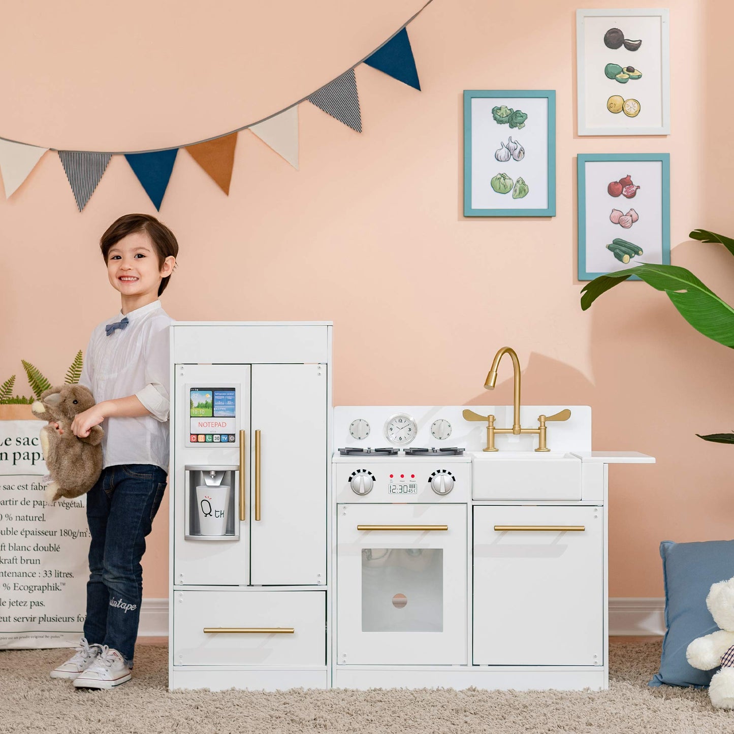 Teamson Kids Little Chef Charlotte Modern Modular Interactive Wooden Play Kitchen with Refrigerator, Stove and Sink in White wit