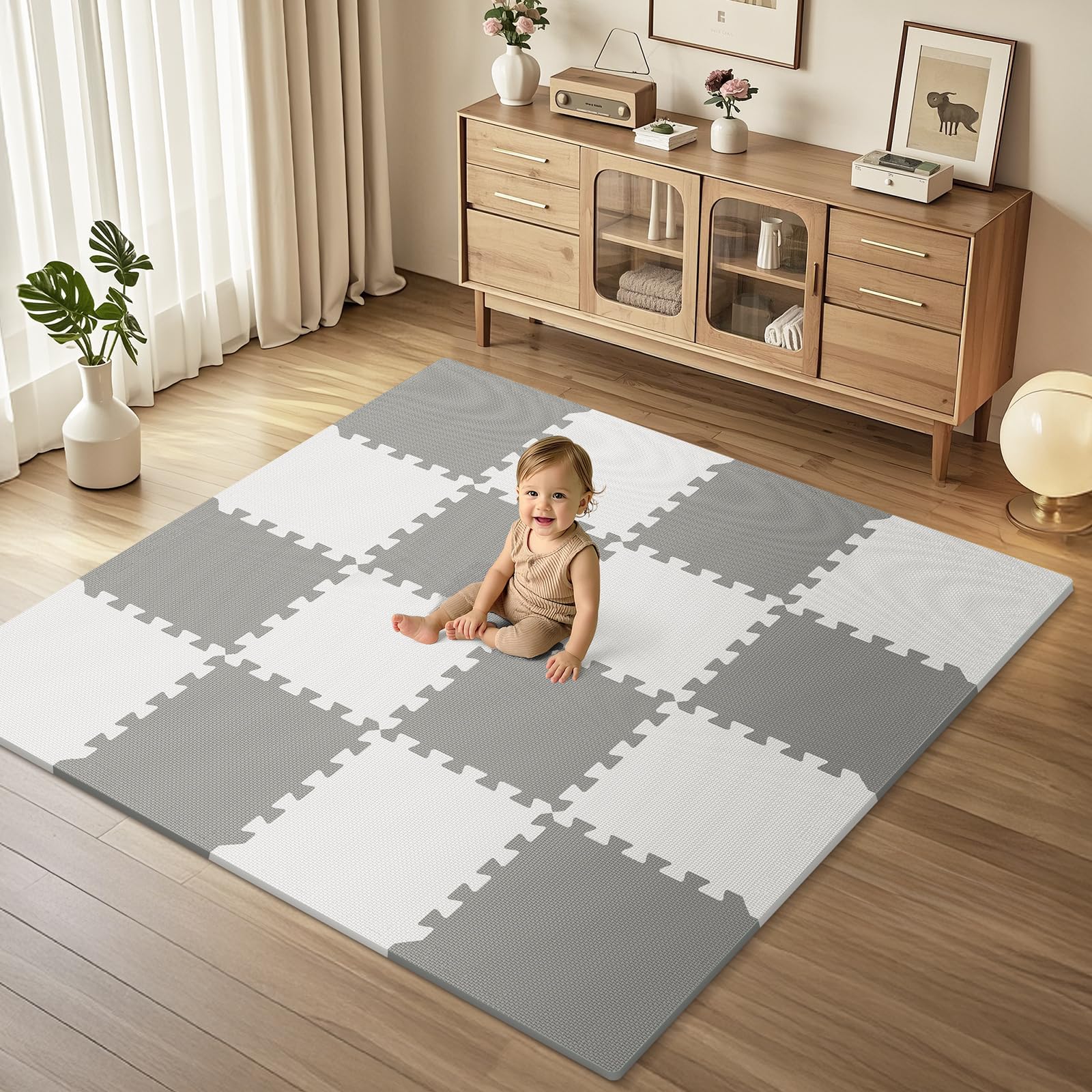 16Pcs Baby Play Mat for Floor  Foam Floor Tiles for Kids with Interlocking  Squares Foam Puzzle Carpet for Playroom  Crawling Rug for Babies 6-12 Months Toddlers 11.8 * 11.8 * 0.6In Each Grey White
