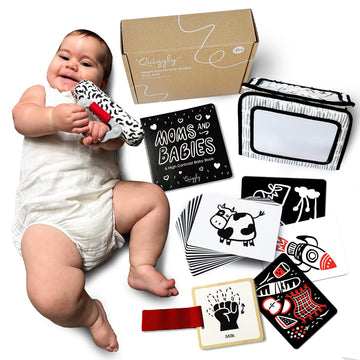 Quiggly High Contrast Baby Toy Set - Black and White Newborn Sensory Toys - Tummy Time Mirror, 25 Visual Stimulation Cards & Boa
