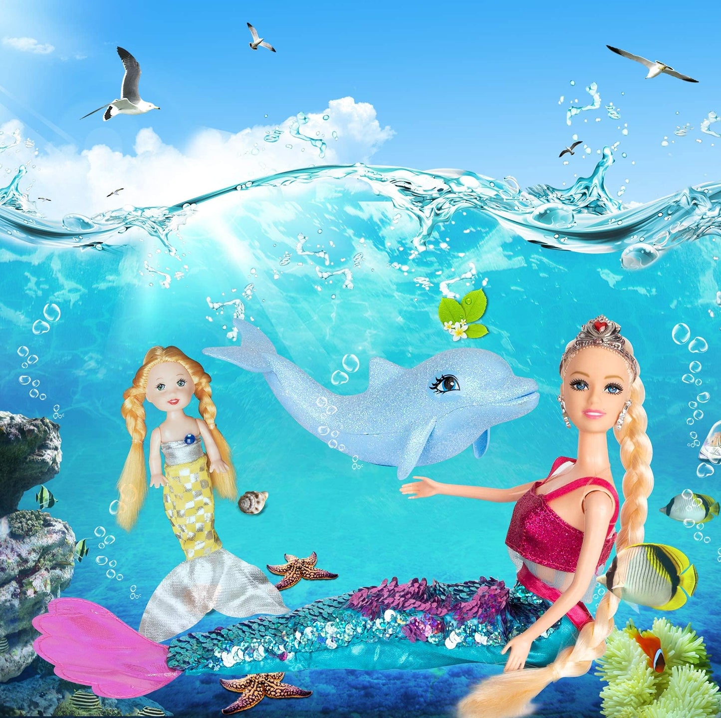 Yellow River Mermaid Princess Doll Playset, Color Changing Mermaid Tail By Reversing Squins, 12' Fashion Dress Doll With 3' Little Mermaid Dolphin And Accessories, Mermaid Gift For Girls