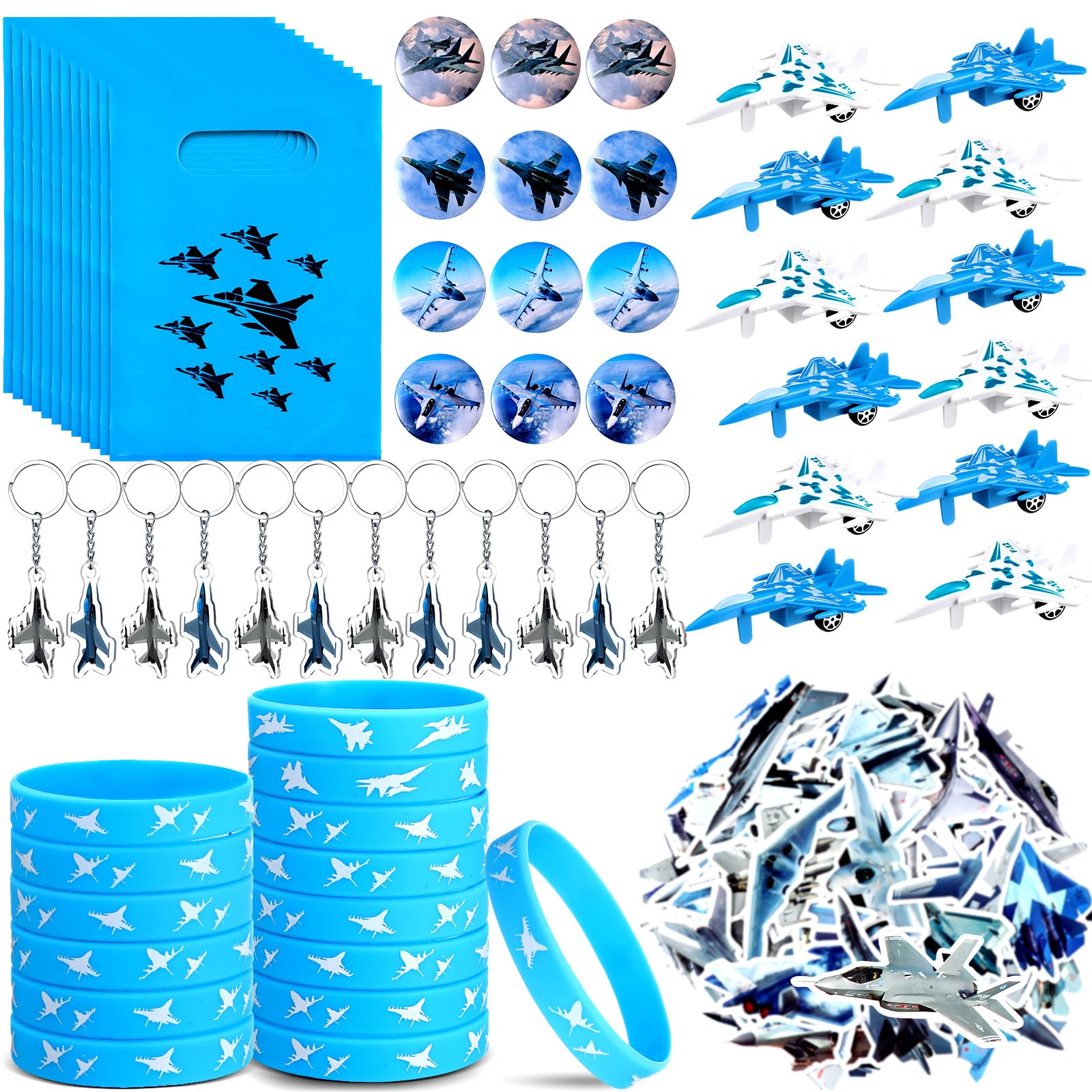 Meooeck 110 Pcs Airplane Party Decorations Fighter Jet Birthday Party Supplies with 12 Airplane Toys, 12 Silicone Bracelets, 12 