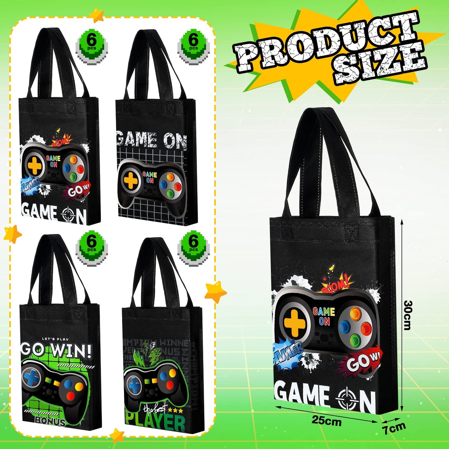 Ferraycle 24 Pack Video Game Themed Gift Bags Video Game Party Favors Non Woven Reusable Goody Treat Bags With Handles (Black An