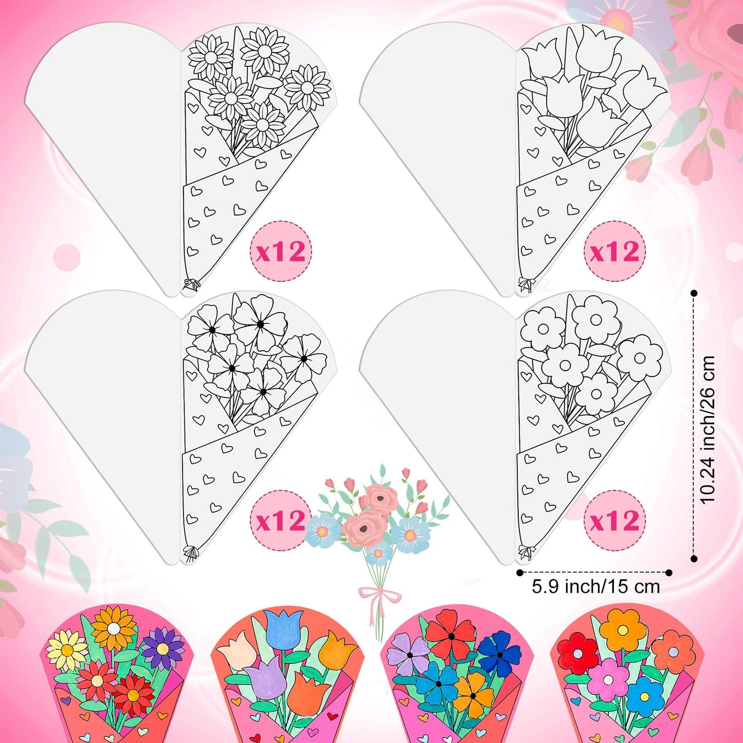 Moinchore 48 Pcs Fall Christmas Crafts Bouquet Color Your Own Paper Bouquet Coloring DIY Crafts Happy Teachers Mom Grandparent G