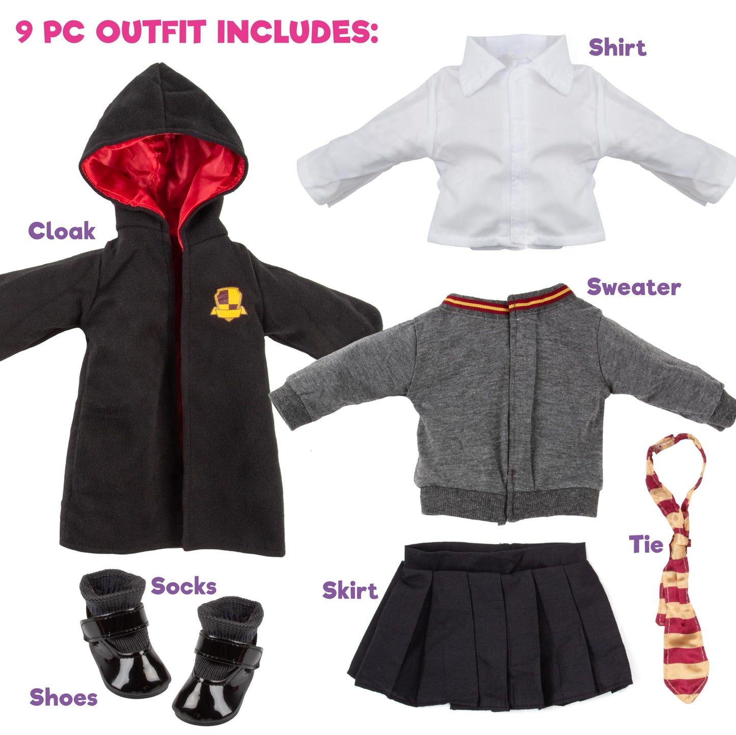 9Pc Hermione Granger Inspired Outfit- 18' Doll Clothes & Accessories Compatible W American Girl Dolls- School Uniform Set Includes Shirt, Skirt, Sweater, Tie, Socks, Robe, & Shoes- Gift Set For Girls