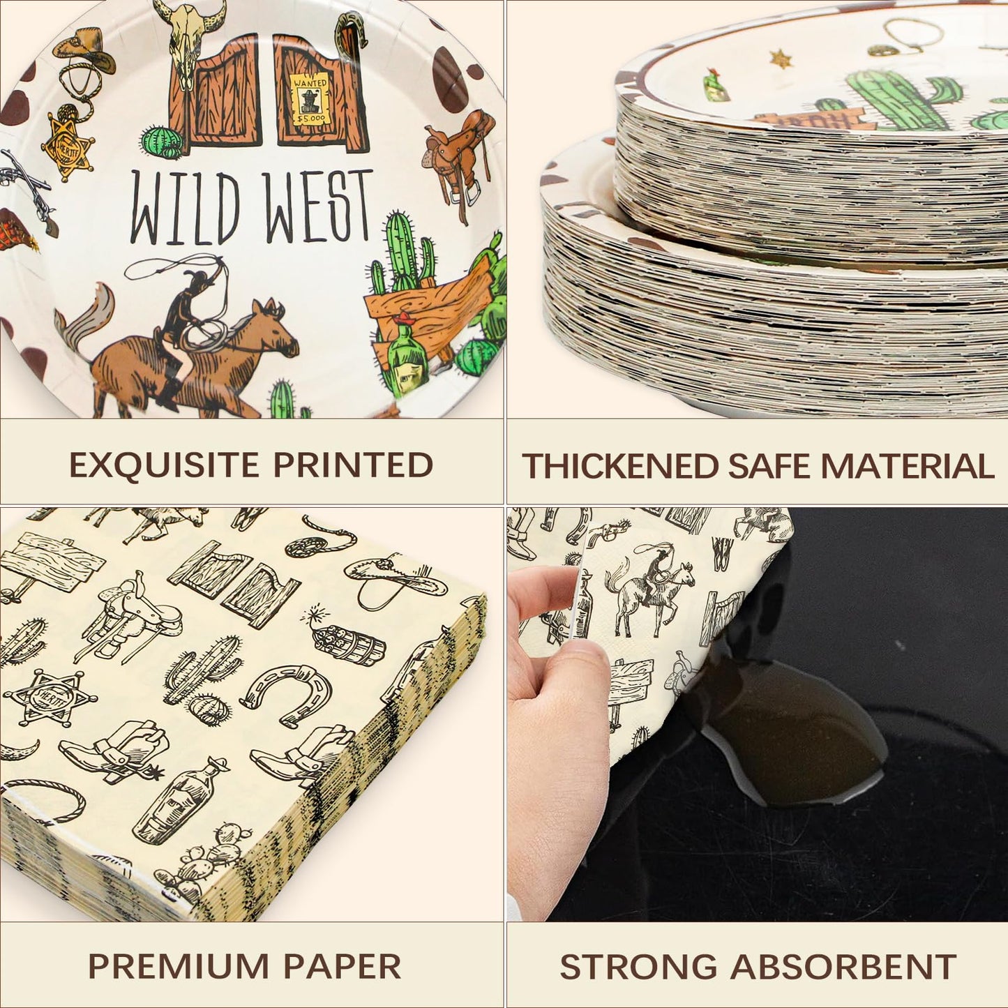 180PCS Cowboy Party Supplies Serve 60,Western Cowboy Birthday Paper Plates and Napkins Kit for Rodeo Birthday Baby Shower Party