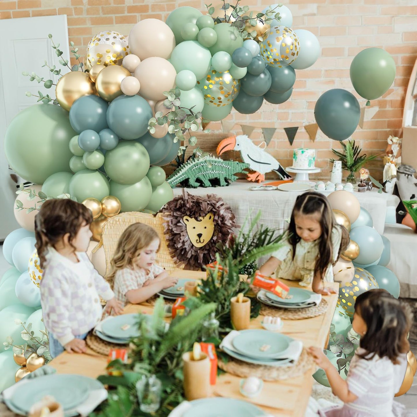 Jobkoo 122Pcs Dusty Blue Sage Green Balloon Garland Kit, Pastel Olive Green Slate Blue Beige Metallic Gold Confetti Balloon Arch