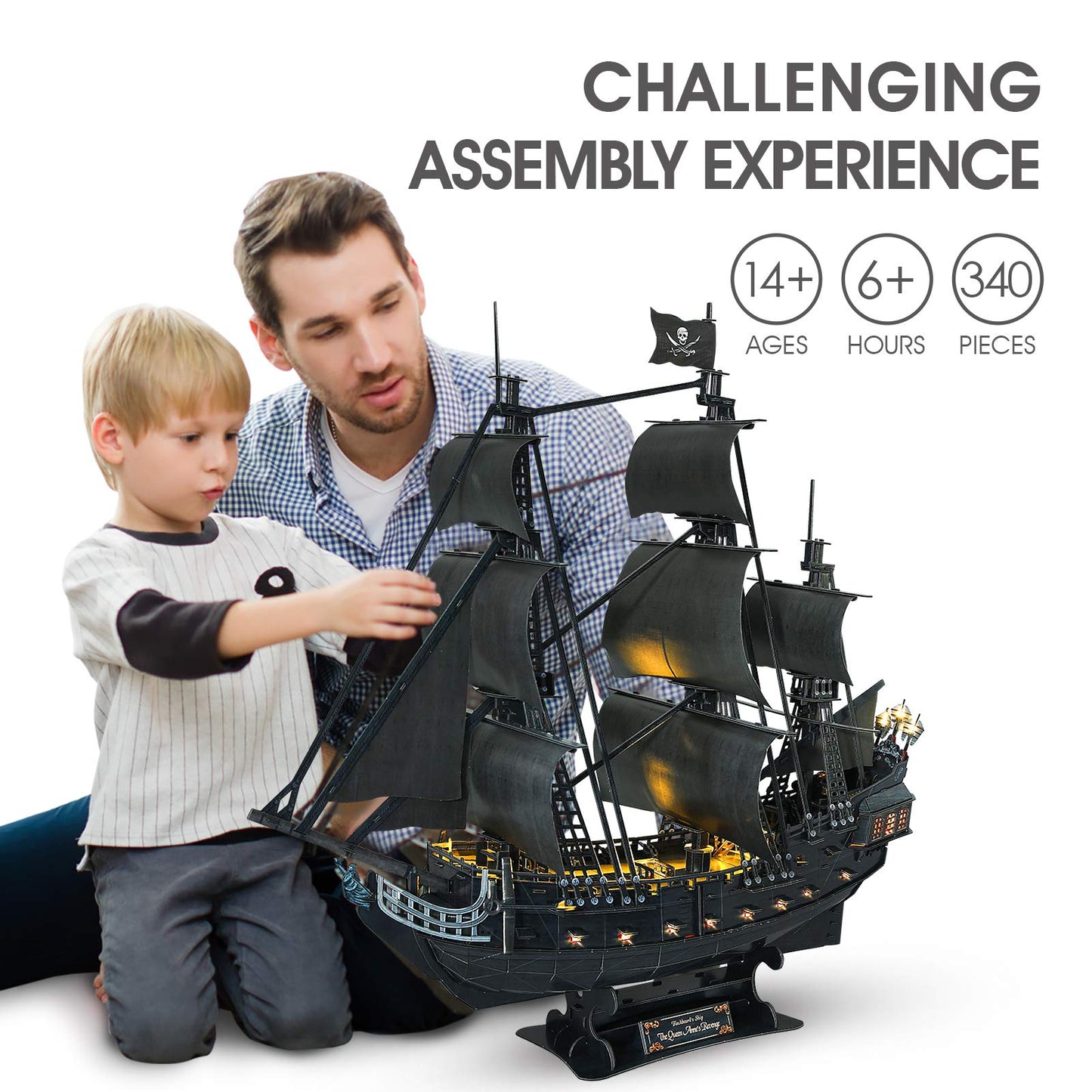 CubicFun 3D Pirate Ship Puzzle - Queen Anne's Revenge, 27" Model, Paper Craft Kit for Adults, Brain Teaser Desk Decor