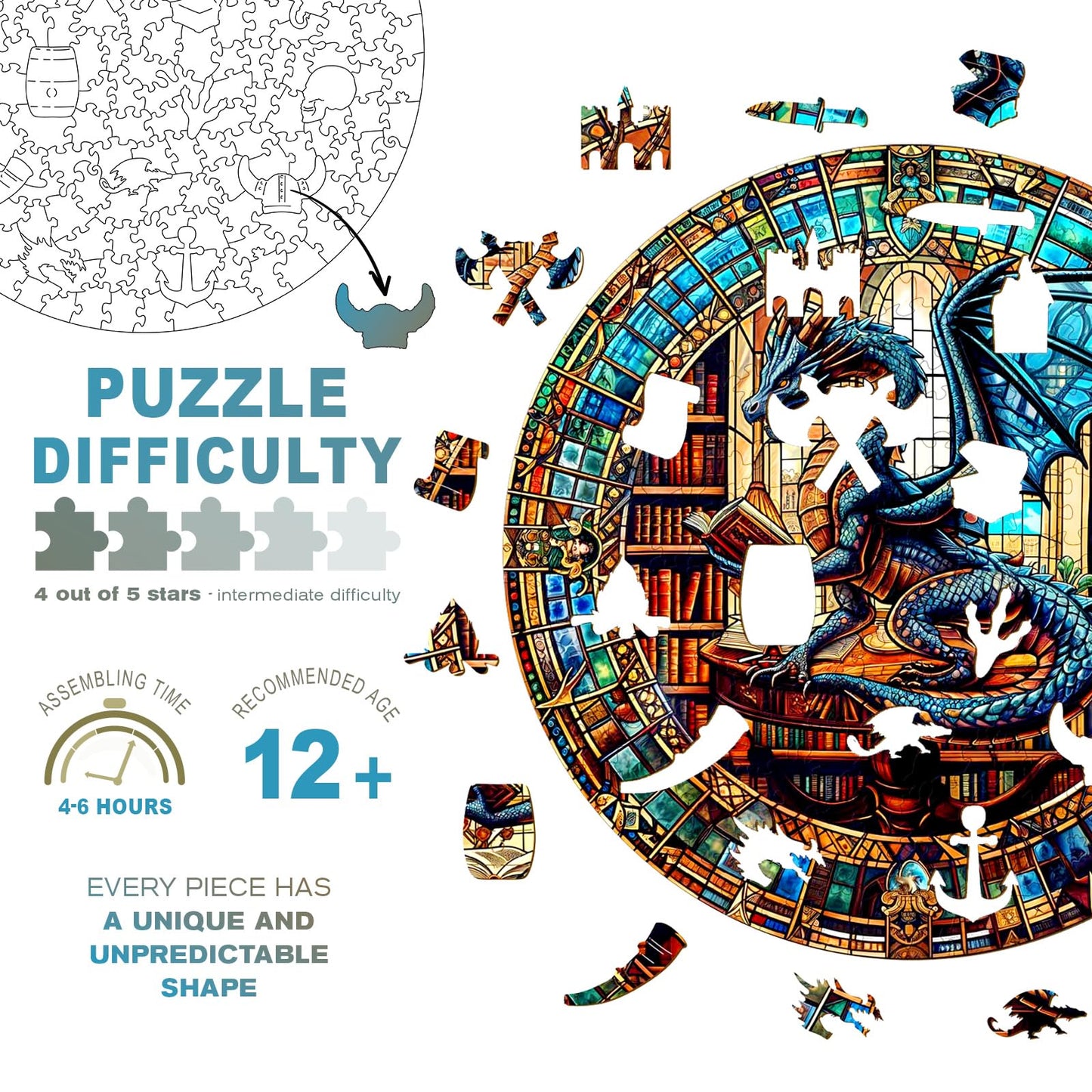 Wooden Puzzles for mature-themeds - Challenging The Dragon's Library mature-themed Puzzle  Unique Animal Shaped Wooden Jigsaw Puzzles for mature-themeds  Creative Gifts Family Games 13.4 * 13.4in 300pcs