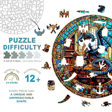 Wooden Puzzles for mature-themeds - Challenging The Dragon's Library mature-themed Puzzle  Unique Animal Shaped Wooden Jigsaw Puzzles for mature-themeds  Creative Gifts Family Games 8.5 * 8.5in 100pcs