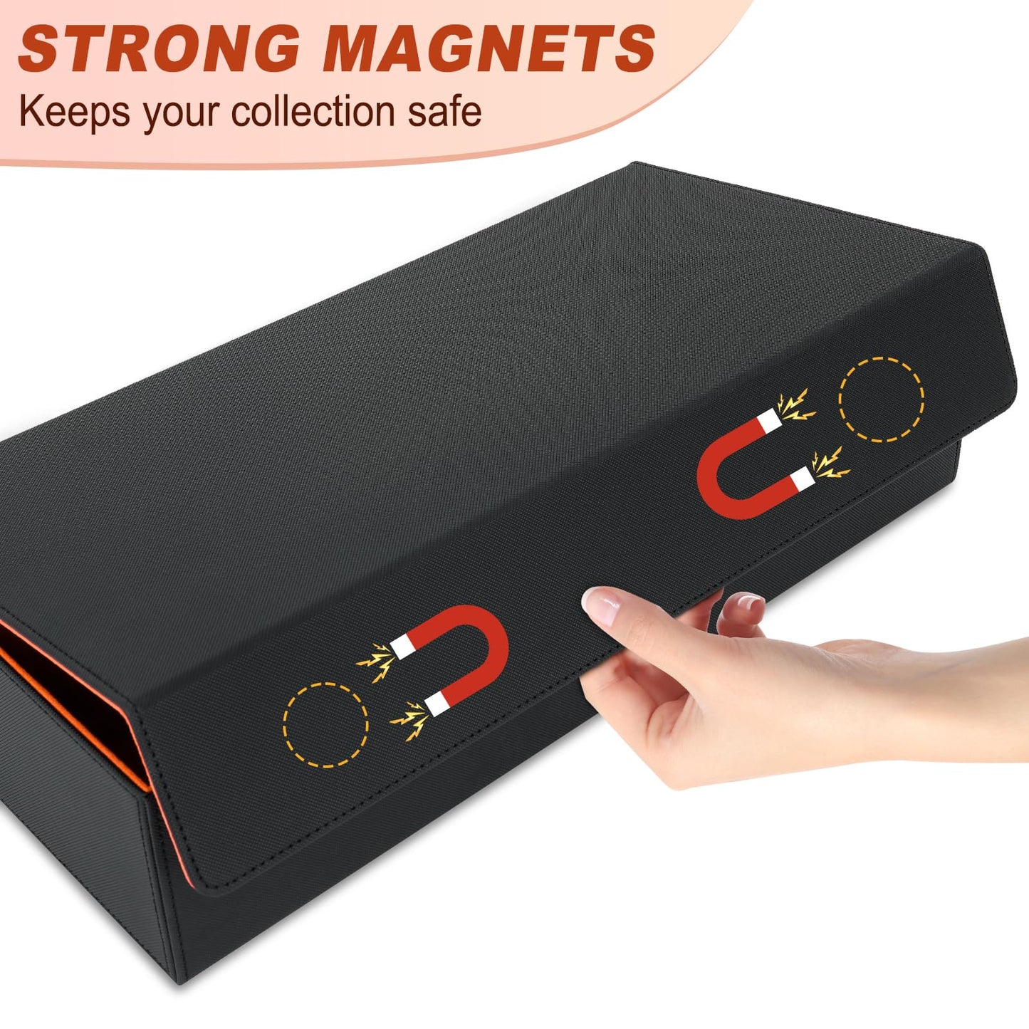 Card Deck Box X-Large enhanced Card Game Deck Storage Box Fits 5 Decks Card Box with Mat Case and Removable Compartment Card Deck Case Compatible with MTG/TCG/Yugioh/Magic/Commander(Black&Orange)