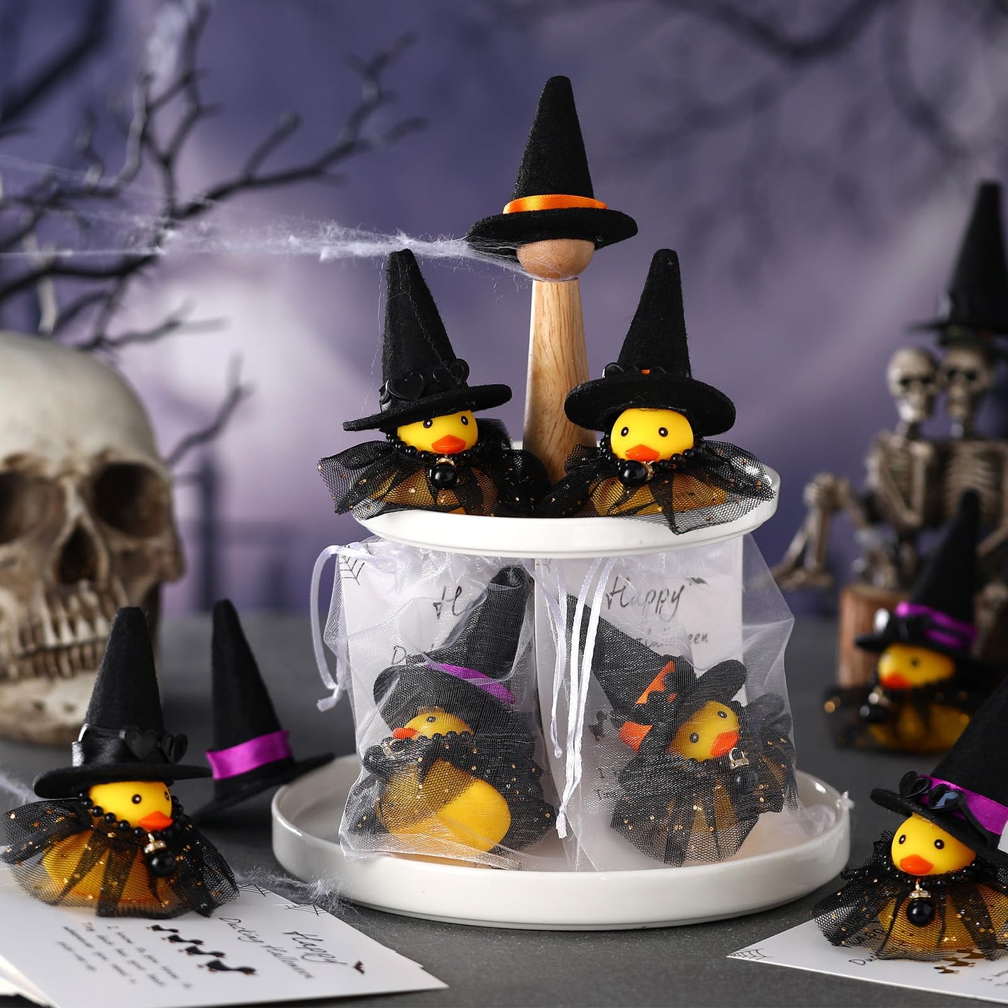 Lunmon 200 Pcs Halloween Party Favors 50 Pcs Halloween Witch Rubber Duck 2 Inch Small Sunglass Duck for Bath Pool 50 Card 50 Org
