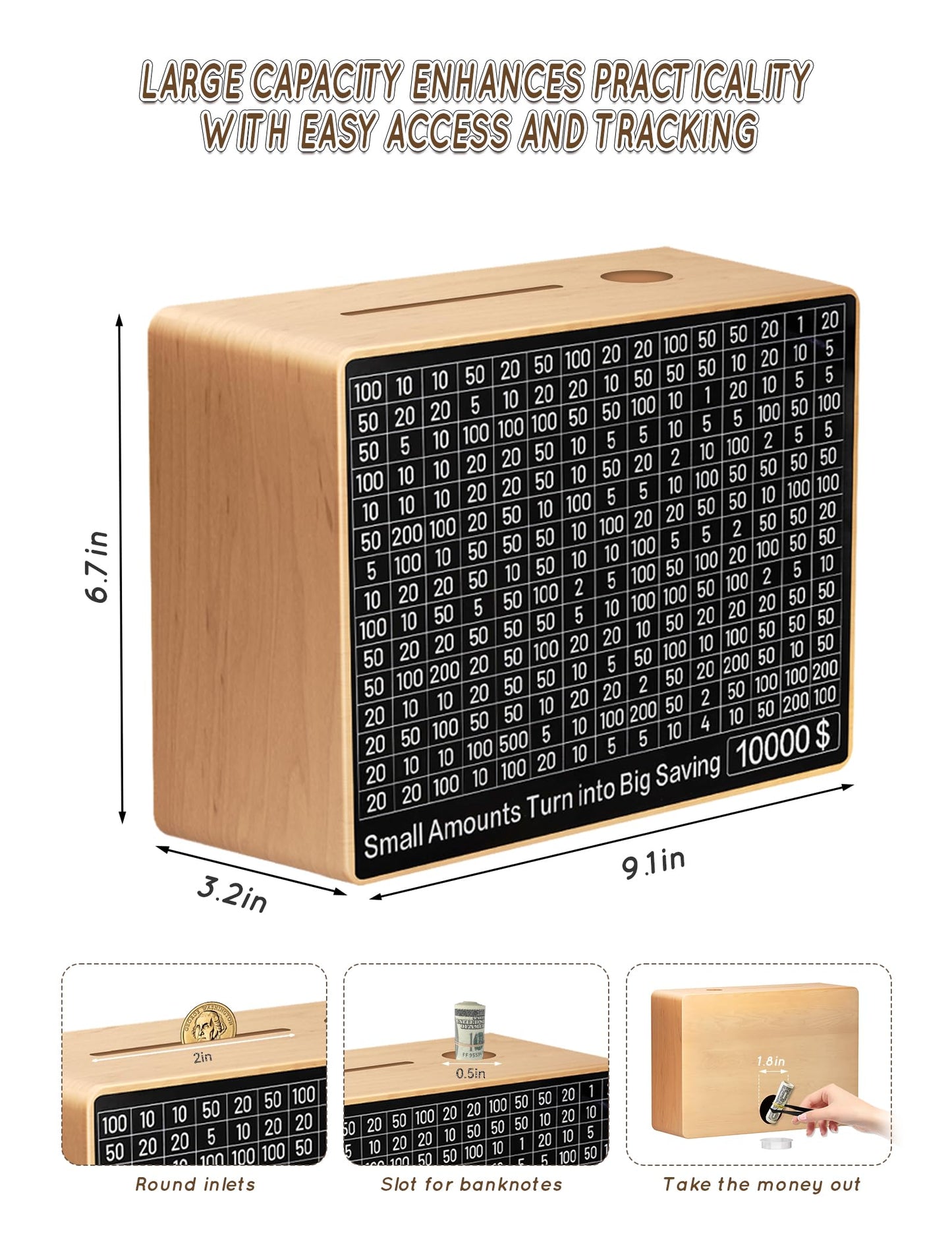 Large Money Saving Box,9.1 X 6.7 X 3.2 Inches,Wood Savings Challenge Box With 10 Targets $200 To $10000,Reusable Cash Savings Bo