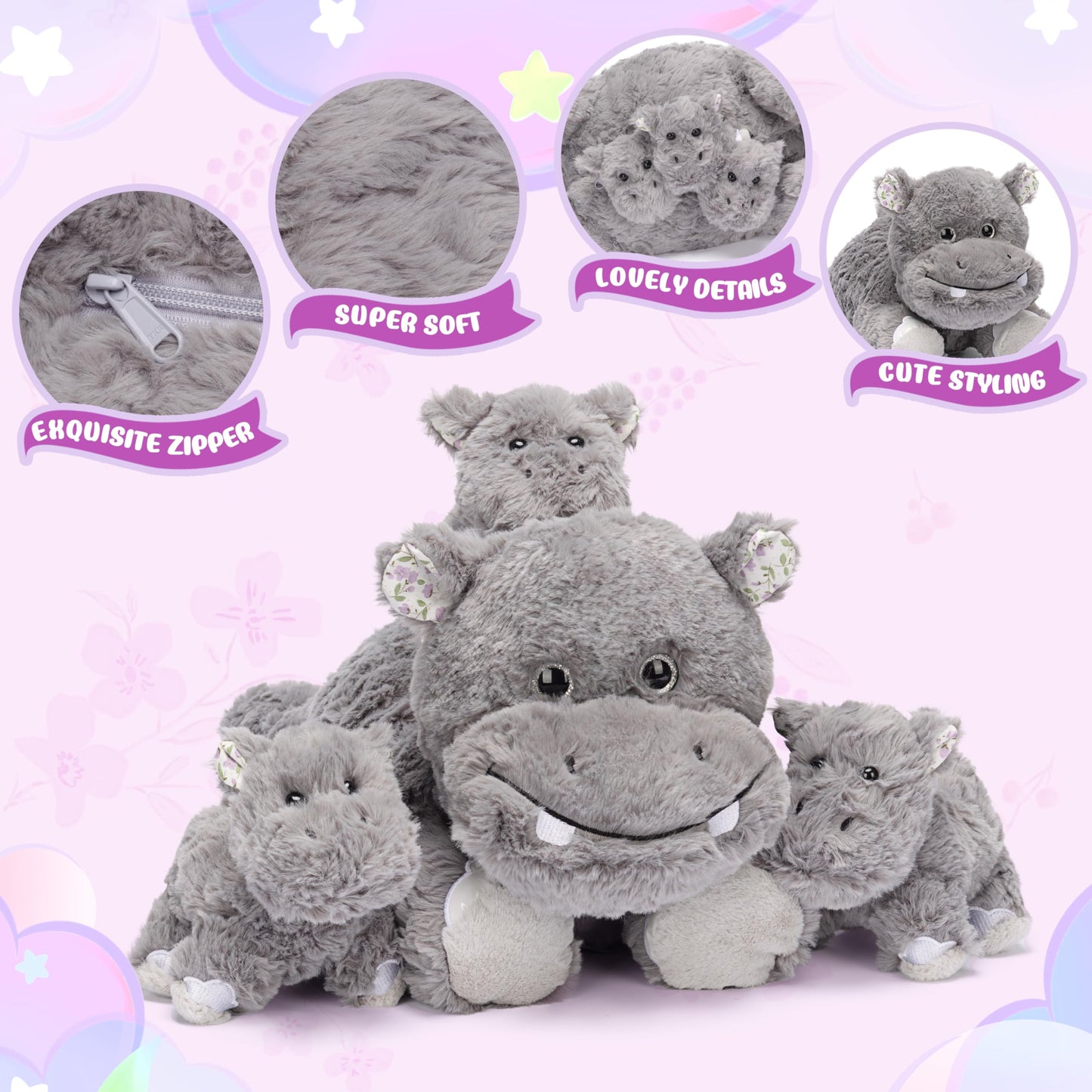 Ikasa Mommy Hippo Stuffed Animal Mom And Baby Plush Toy, Cute Cuddly 18.5'' Hippopotamus Soft Family Set With Little Mini Babies