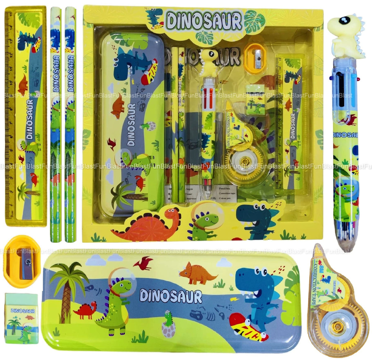 Funblast Dinosaur Theme Stationery Kit For Kids  Stationery Box Pencil Pen Eraser Sharpener And Dinosaur Pencil Box Stationary