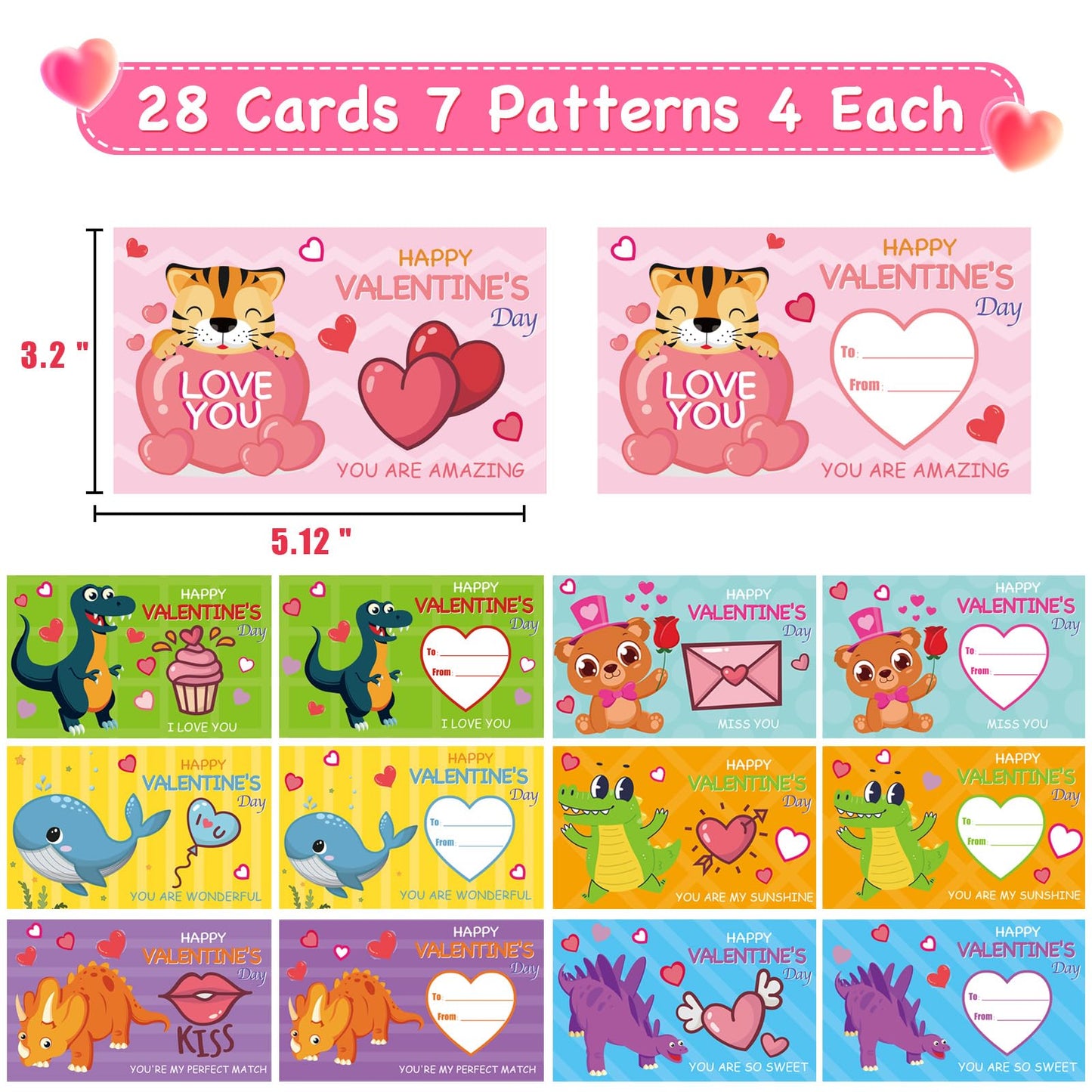 28 Pack Valentine Cards with Mochi Squishy Toys ,Valentines Day Gifts for Kids Animal Squishies Stress Relief Toy Valentines Day