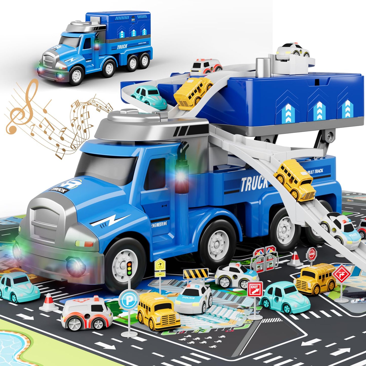 Dwi Dowellin Truck Toys for Boys 3 4 5 6 Years Old, Vehicle Toys for Kids with 4 City Cars and Playmat, Race Track with Light an