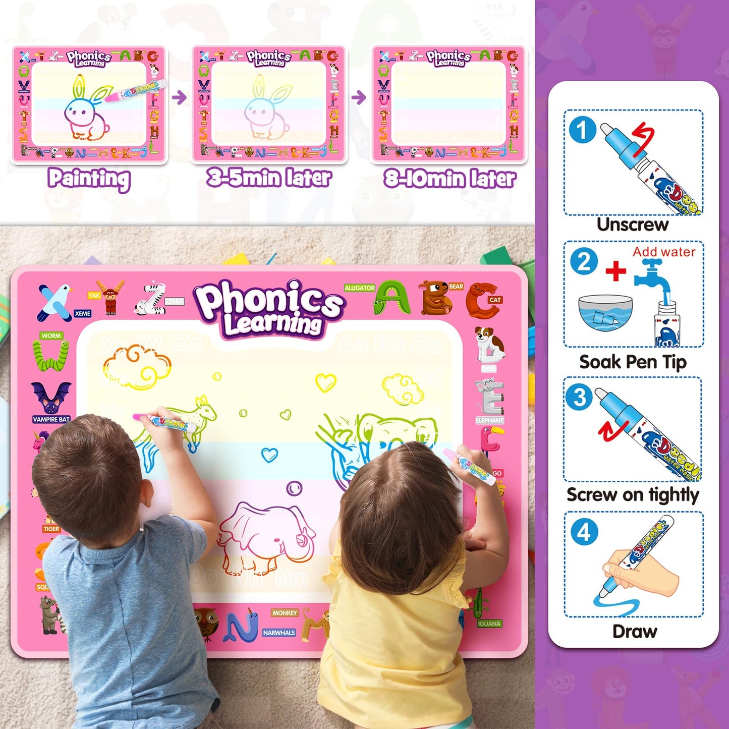 Toddler Toys For 2 3 4 5 Year Old Kids Boys Girls, Water Doodle Mat For Toddlers 2-5 Preschool Educational Learning Toys Halloween Birthday Easter Basket Stuffers Gift For 2-8 Year Old Boys Girls Pink