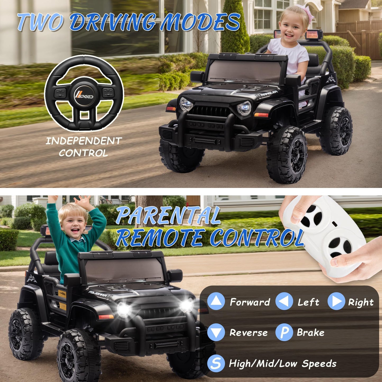 OKYBABY Ride on Truck Car  12V Kids ' Electric Vehicles W/Parents Control  Ride on Toys for Toddlers with Music  Bluetooth  Four-Wheels Suspension  USB  Headlights  Black
