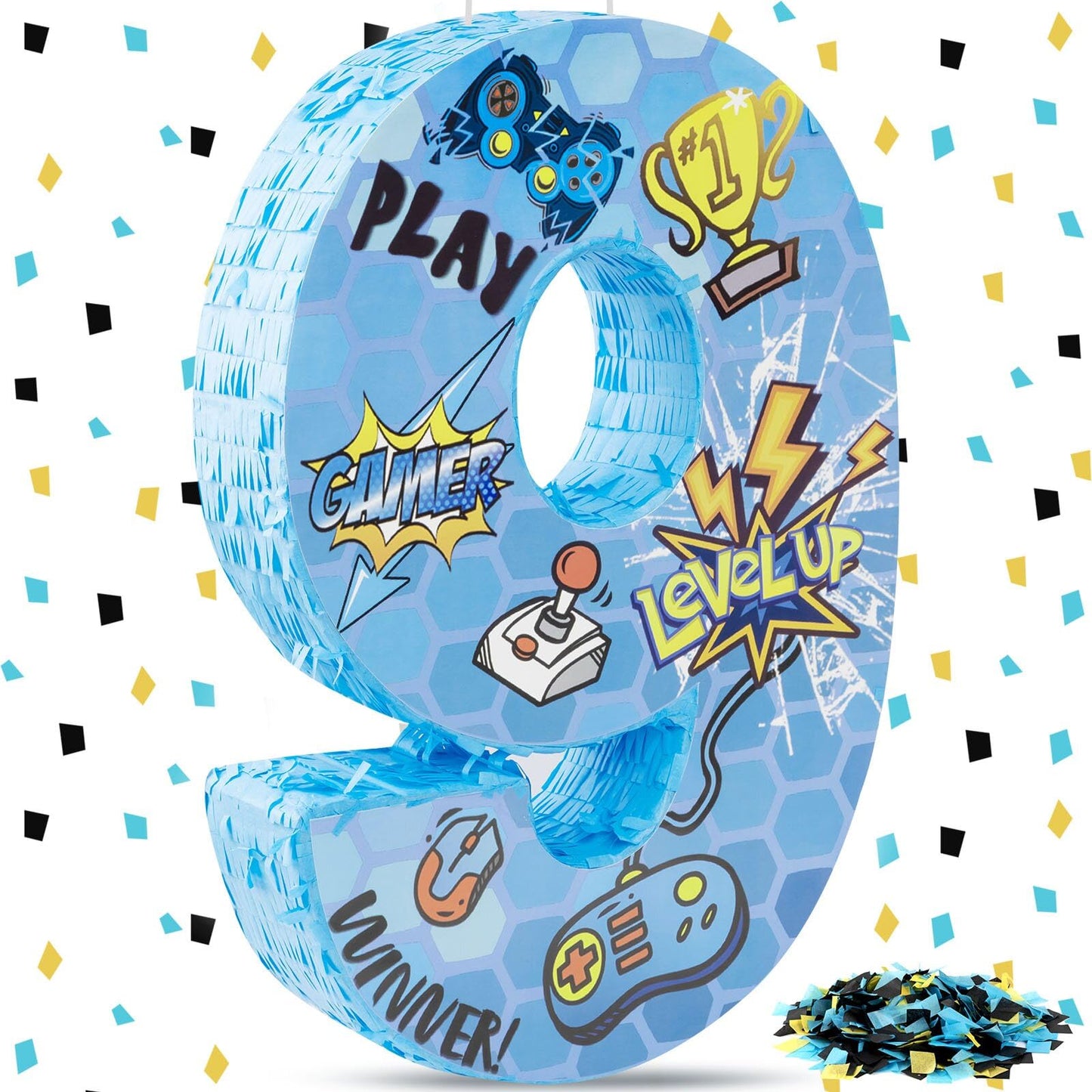 Simgoing Number 9 Video Game Controller Pinata - 16.5 Inch Gaming Theme Party Supplies for 9th Birthday Decorations With Confett