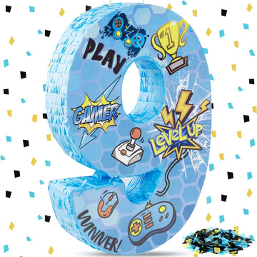 Simgoing Number 9 Video Game Controller Pinata - 16.5 Inch Gaming Theme Party Supplies for 9th Birthday Decorations With Confett