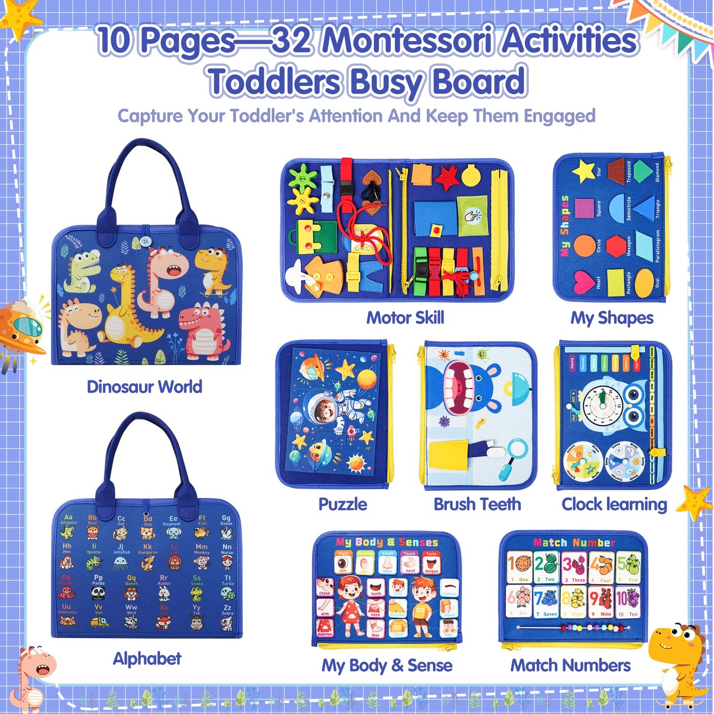 Goobaetoy Busy Board Montessori Toys For 1 2 3 4 5 6 Years Old Toddlers Boy Girl Gift, Sensory Learning Toys 10 Pages 32 Activit