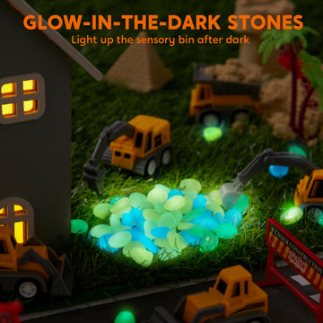 Klever Kits Construction Sensory Bin for Toddlers with Glow in The Dark Stones, Sandbox with Lid Magic Sand Castle Building kit,