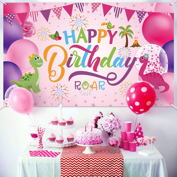 Sumind Dinosaur Happy Birthday Backdrop, Dinosaur Party Background Boy/Girl Gaming Banner For Decoration, Baby Showers And Photo Prop (Pink)