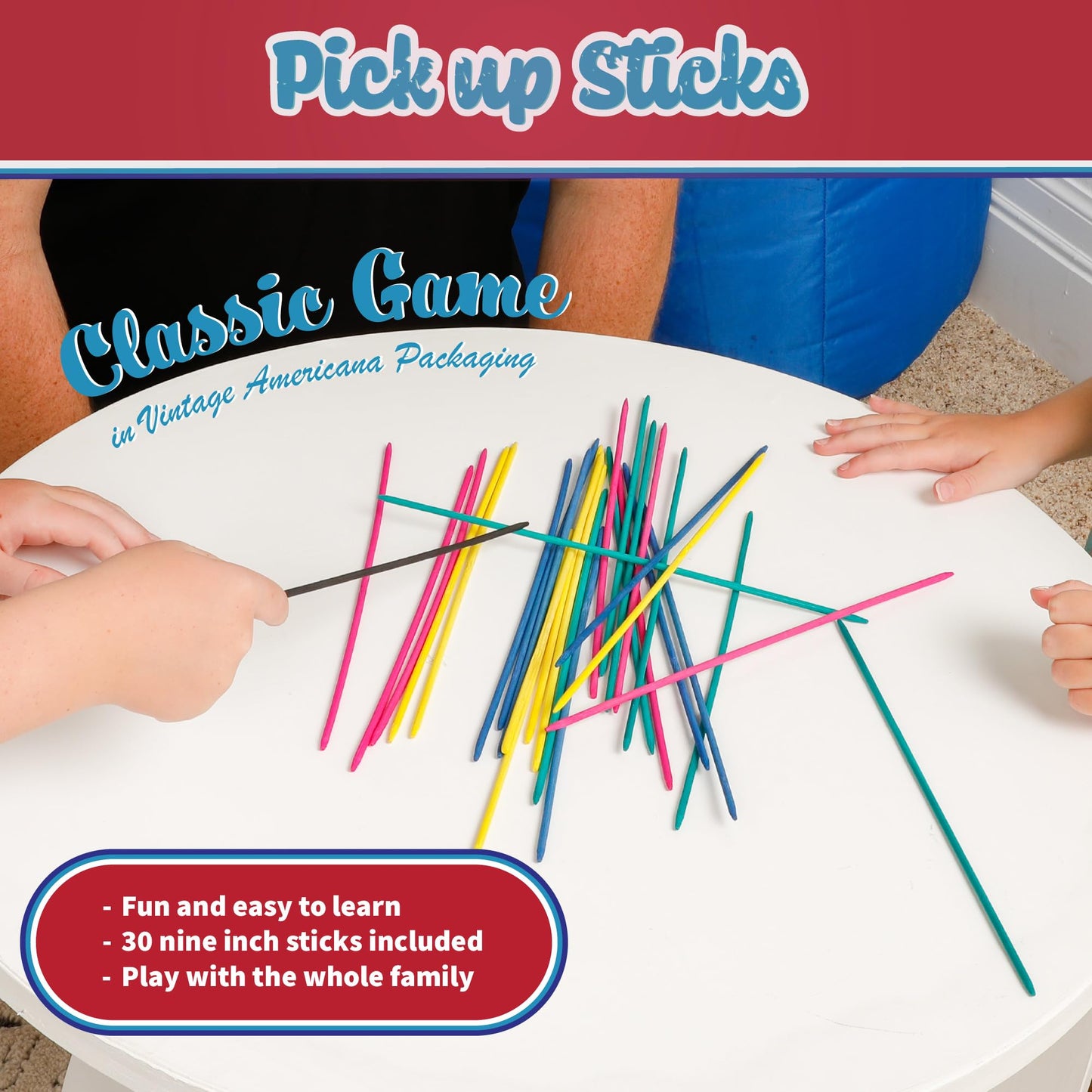 Continuum Games Way Back Toys Pick Up Sticks - 30 Colorful Wooden Sticks, Easy Carry Container, Game for Ages 5+, Multi-colored