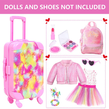 Bddoll American 18 Inch Doll Clothes And Accessories With Travel Suitcase And Makeup Fit 18 Inch Doll Includes Suitcase, Backpack, Sunglasses Lipstick, Eyeshadow Palette, Bracelet, Hair, Blusher