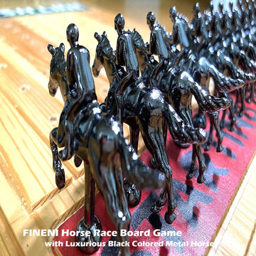 Fineni Horse Racing Game For Adults, Horse Race Board Game With 11 Luxurious Metal Horses (Black), 22” Pine Wood Horse Race Game Board, Dice & Card Included (Log Color1)
