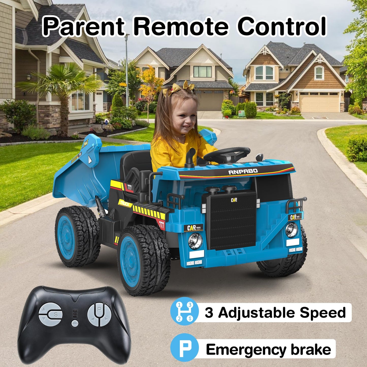 Anpabo 24V Ride On Dump Truck, 2X75W Powerful Motors, Up To 4.4Mph, Eva Tires, Construction Vehicle W/Electric Dump Bed And Extra Shovel, 19' Spacious Seat, Kids Car W/Parent Remote -Blue