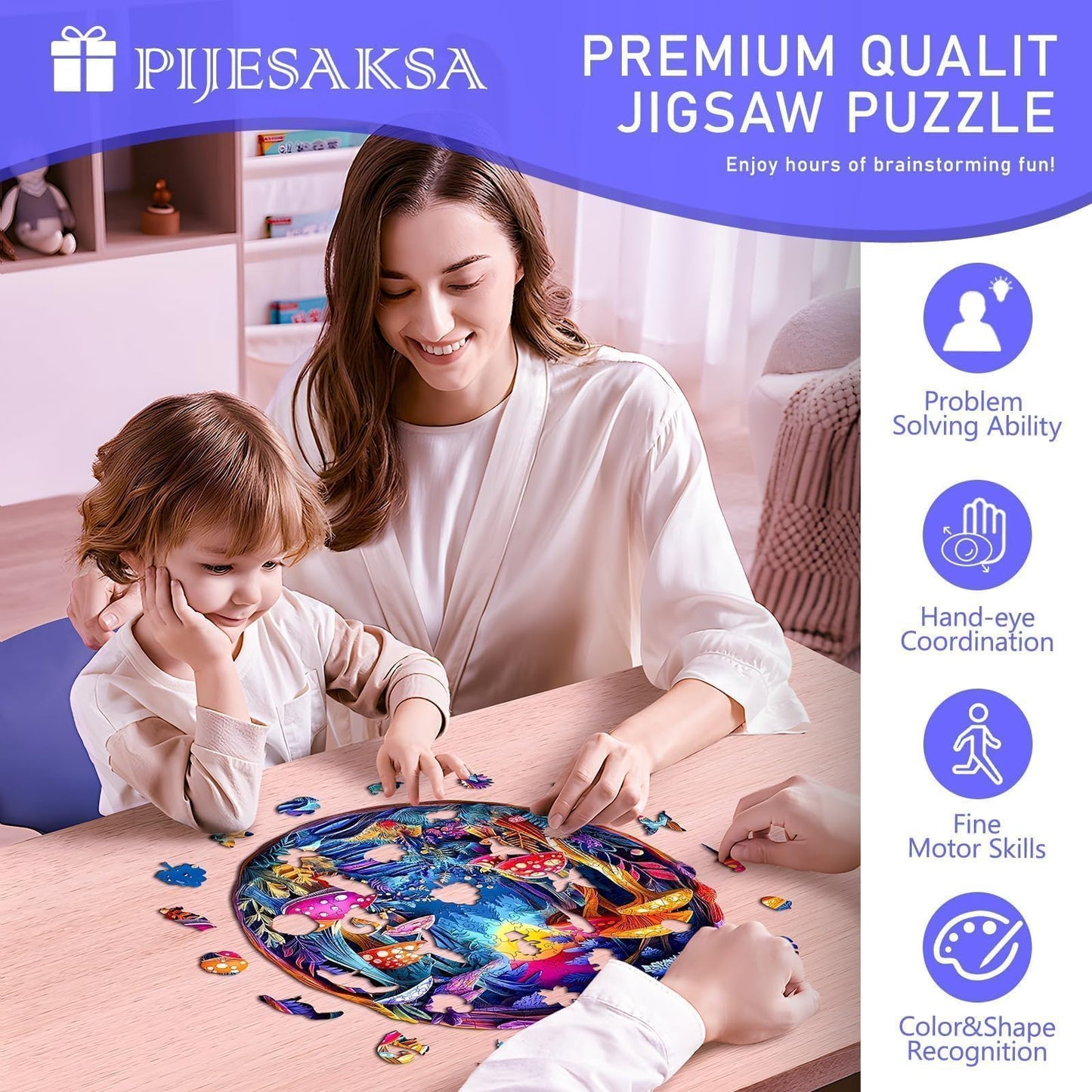 Wooden Puzzles For Adults -Mushroom Puzzle, Flat Puzzle With 3D Visual Effect, Unique Shape Wooden Jigsaw Puzzles, Paper Sculptu