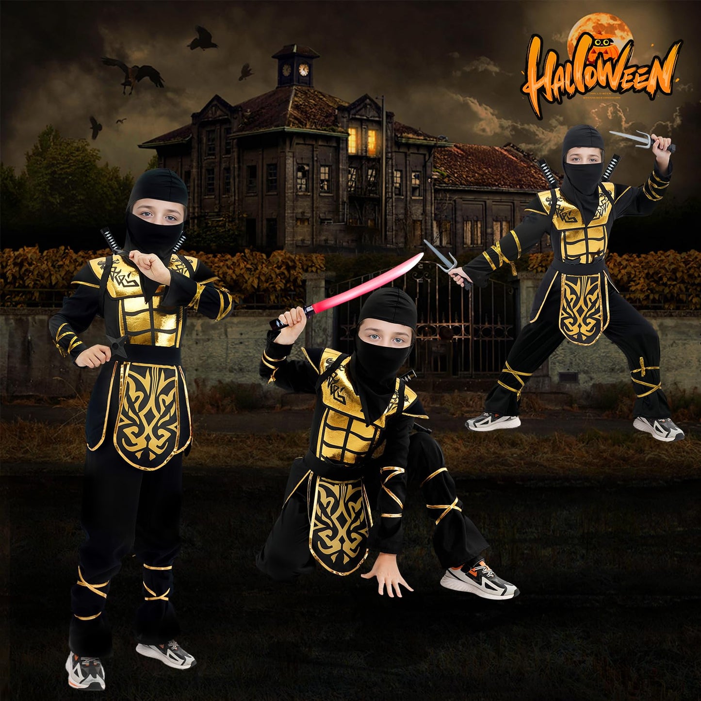 Digi Kids Halloween Ninja Costume For Boys,Golden Ninja Costume Set With Ninja Toys,Halloween Costumes For Kids 4-12T