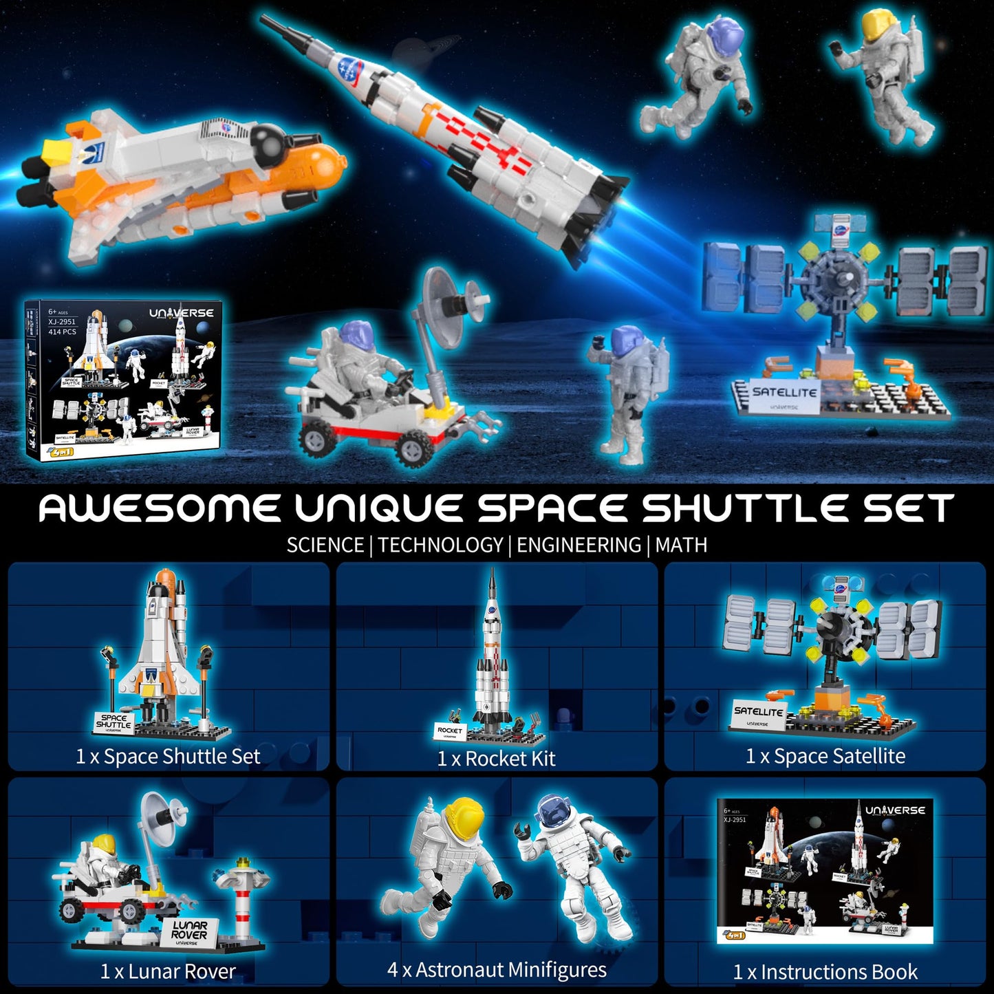 Easter Basket Essentials Stuffers Toys For Kids Boys Girls, Space Exploration Shuttle Toys For Aged 6-12, 4 In 1 Stem Rocket Building Set With 4 Astronauts, Kids Easter Hunt Party Favor Birthday Gifts